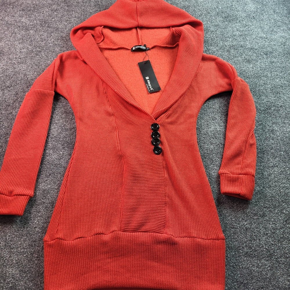 Allegra K Women Red Hooded Long Sleeve Button Front Knit Sweater Dress Size S
